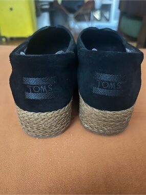TOMS Black Suede Espadrille Wedges with Braided Jute Heel